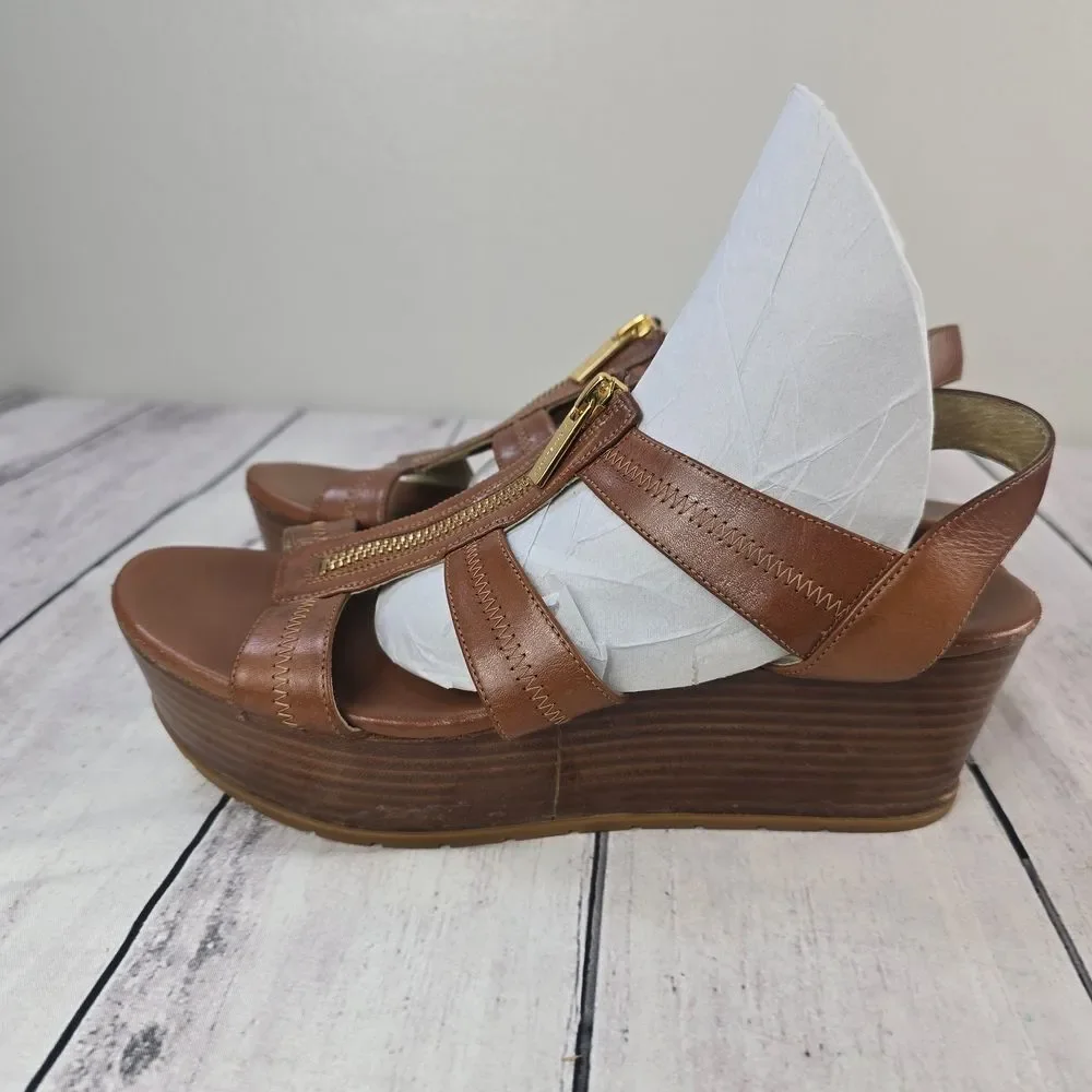 Michael Kors Berkley T- Strap Tan Leather Wedge Sandals